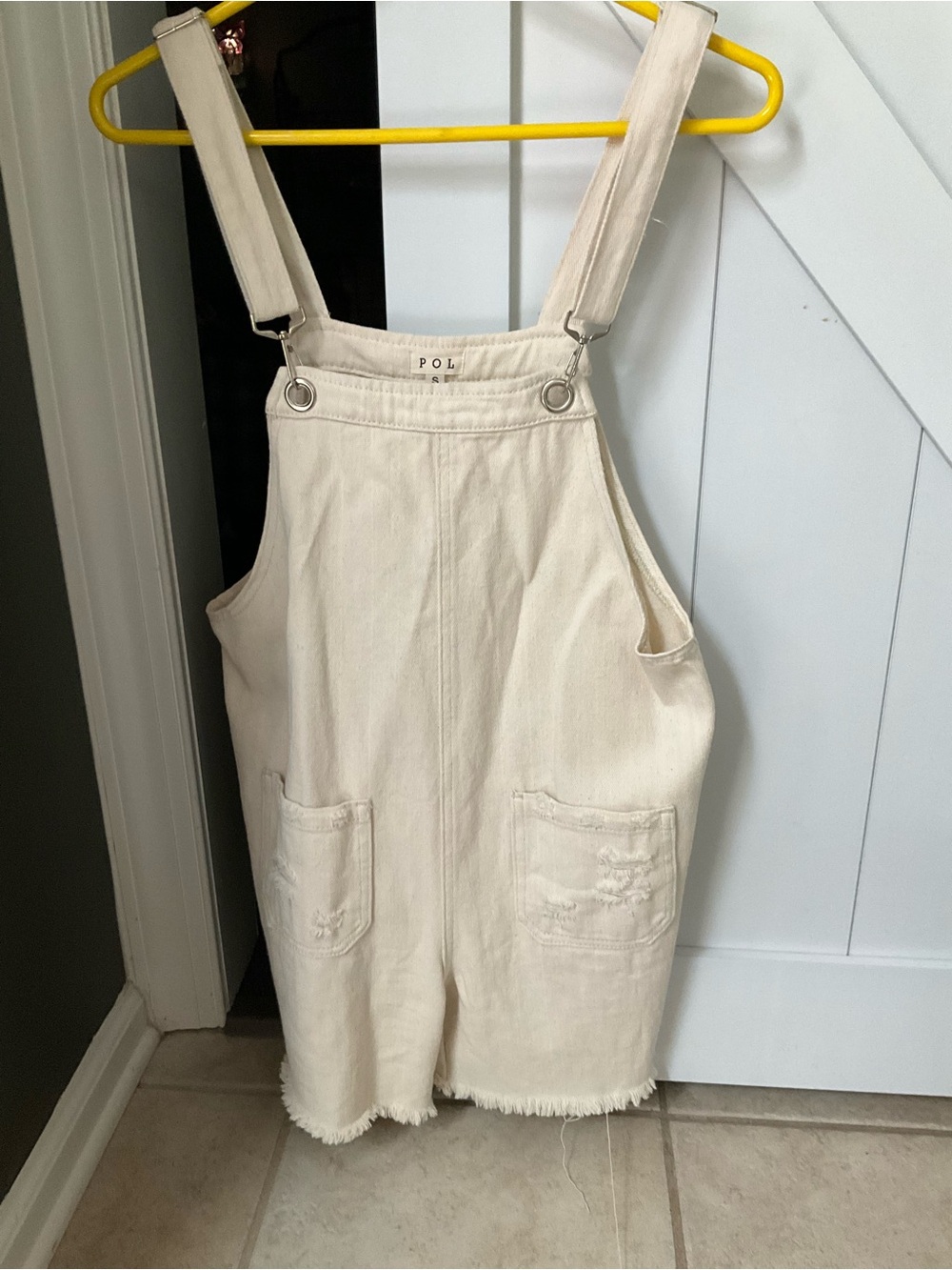 POL Cream Denim-Style Distressed Overalls with Metal Hardware Small